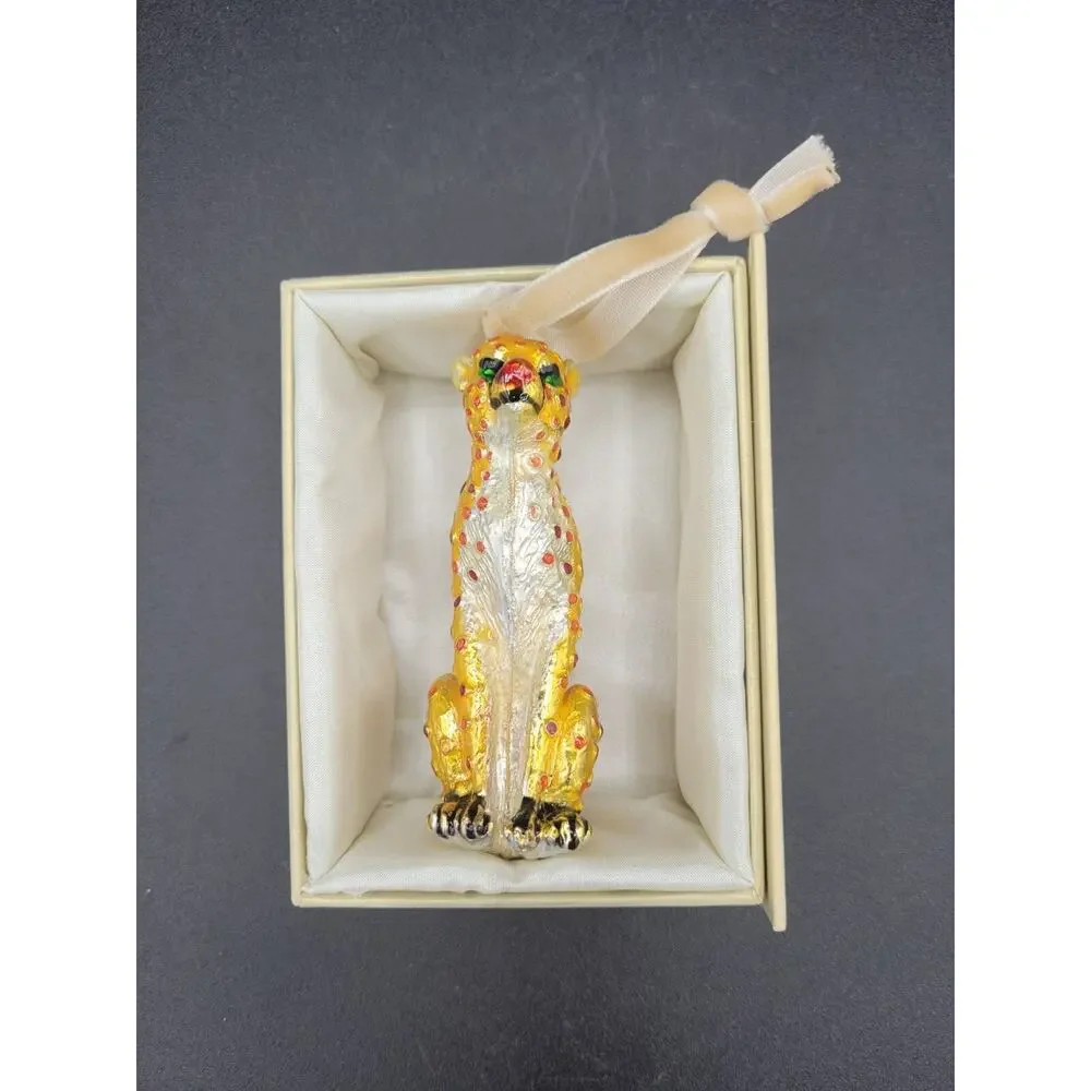 Cloisonné Cat Cheetah Leopard Ornament Gold Red 4.5
